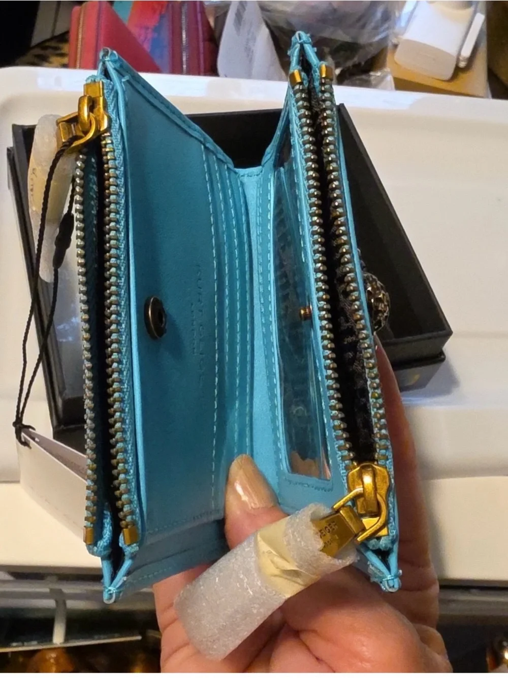 Kurt Geiger Turquoise Leather Zip Wallet with Gold Emblem